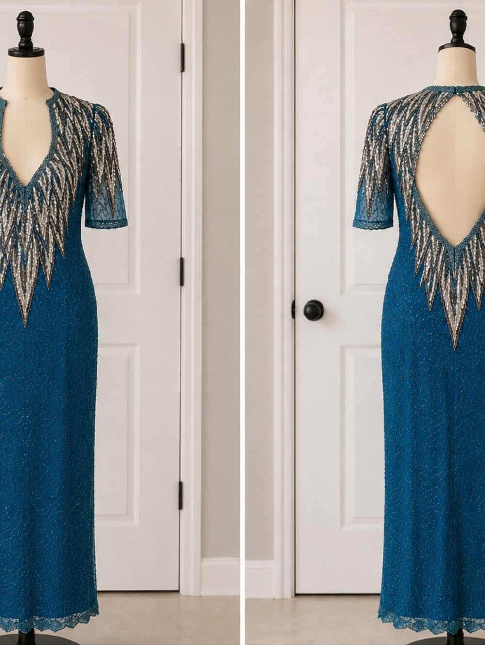 Vintage Alyce Designs 100% Silk Heavily Beaded Teal Gown Size 10